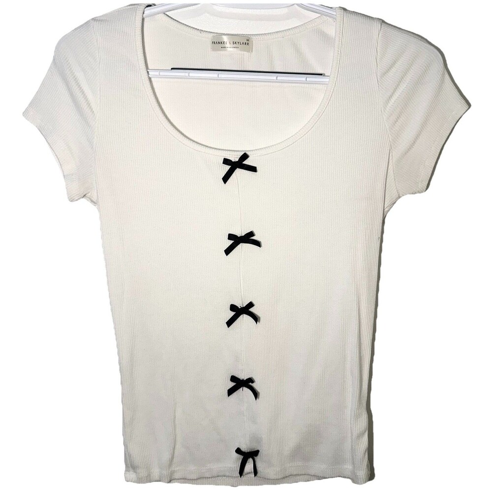 Frankee & Skylar Ribbed Cream Bow Top Women M Balletcore Coquette